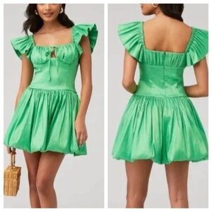Maison Amory Green Mini Dress Ruffle Sleeve Tie Front Fit & Flare 25280
